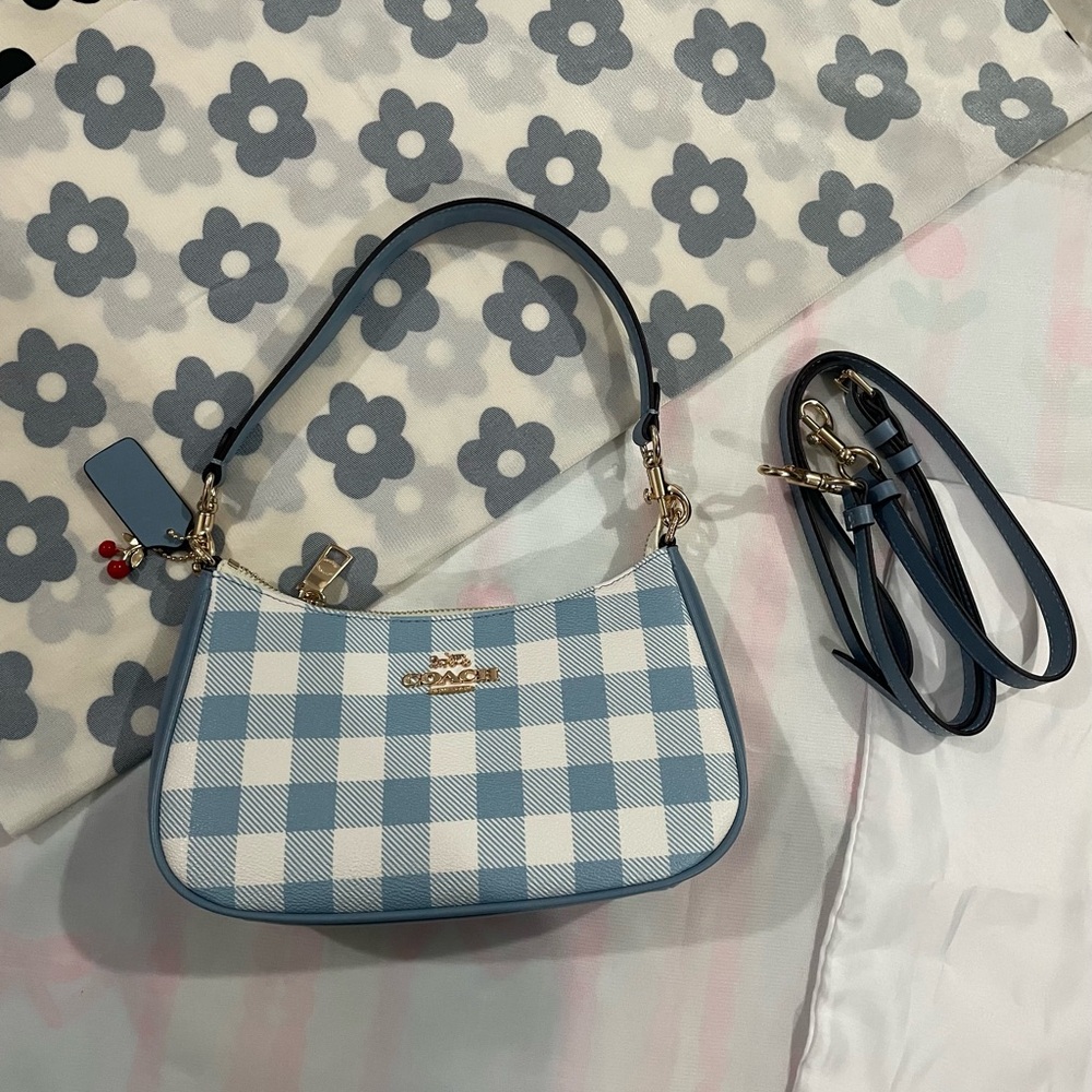Coach Blue and White Gingham Shoulder Bag with Gold Hardware - Picture 2 of 9